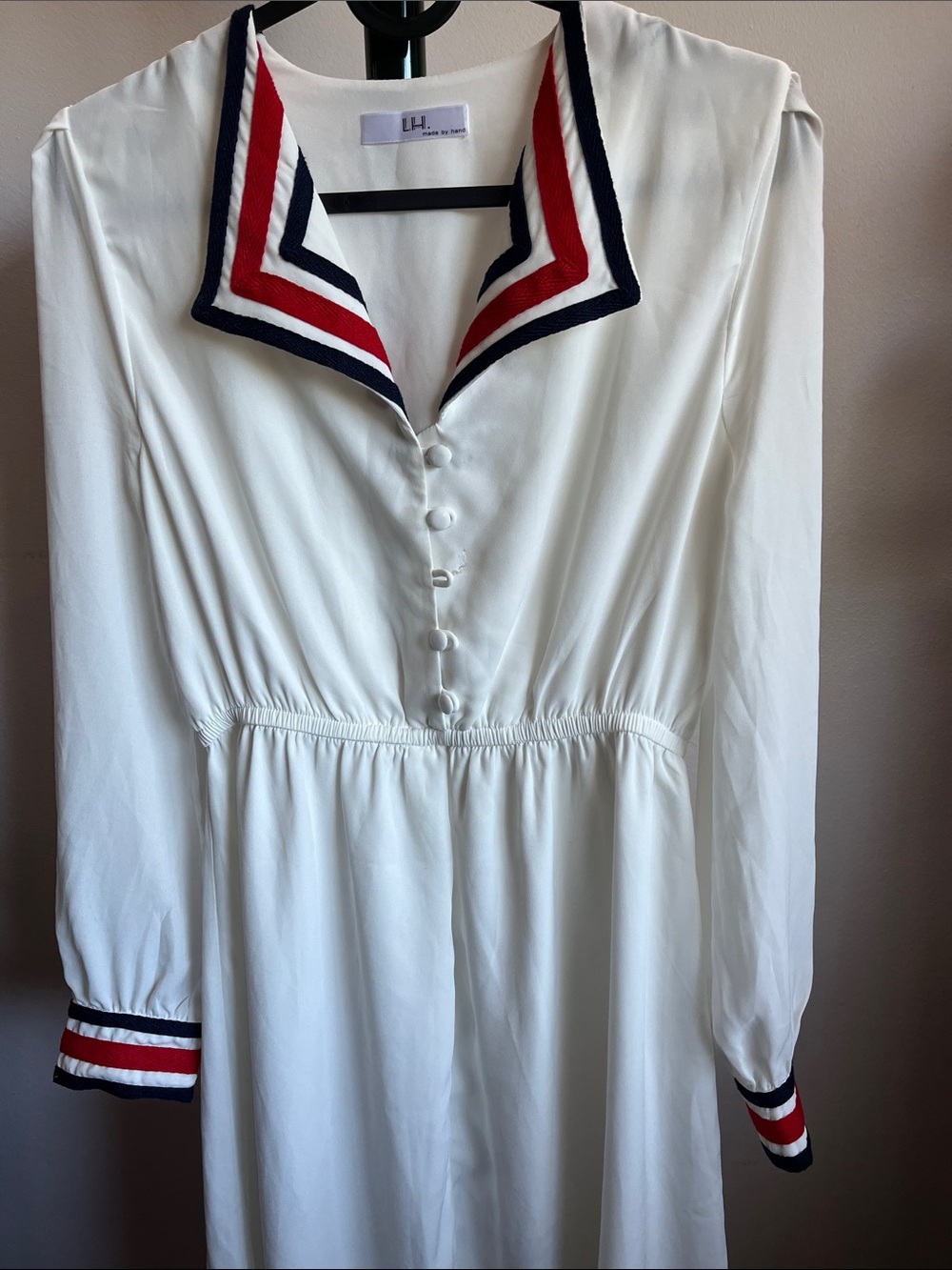 White Long-Sleeve Sailor Collar Dress with Red & Navy Trim